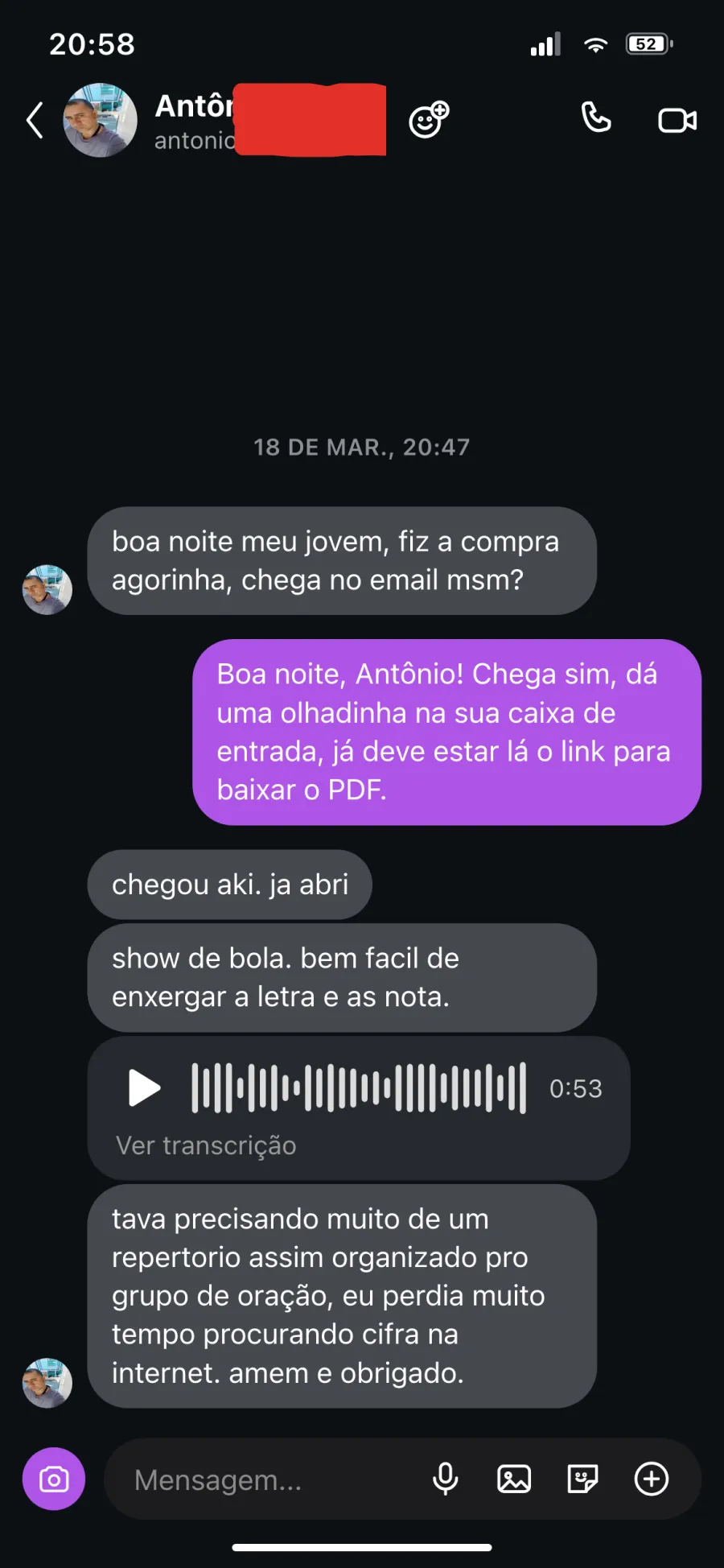 Depoimento de cliente no Instagram