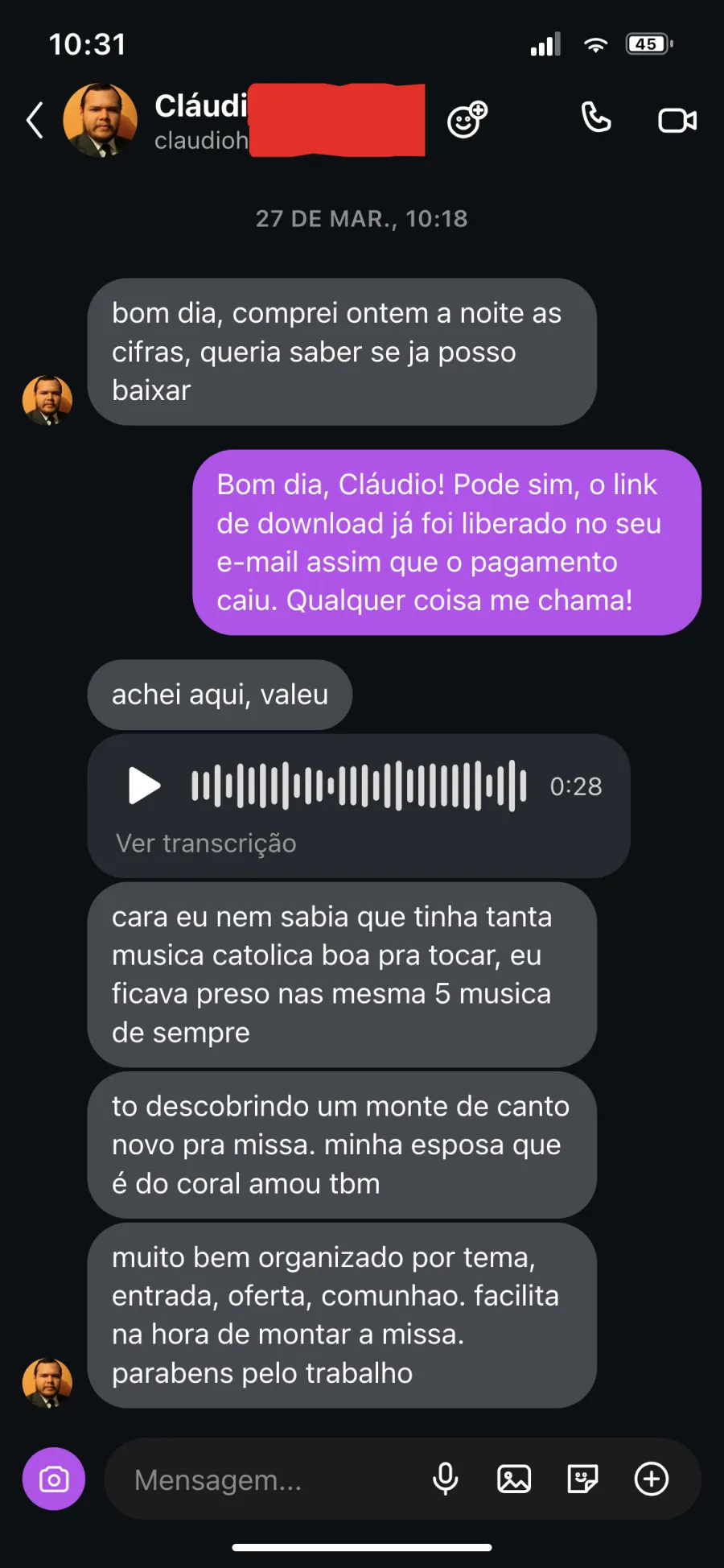 Depoimento de cliente no Instagram
