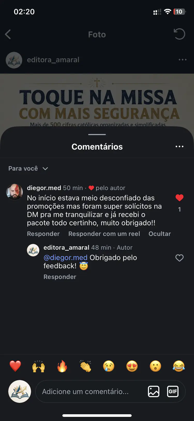 Cliente contando no Instagram que estava desconfiado, foi atendido no direct e recebeu o pacote completo