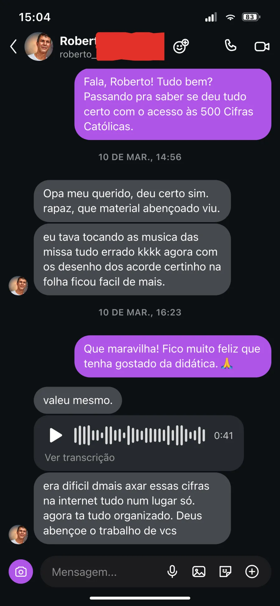 Depoimento de cliente no Instagram