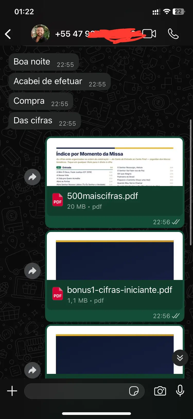 Cliente confirmando a compra das cifras no WhatsApp